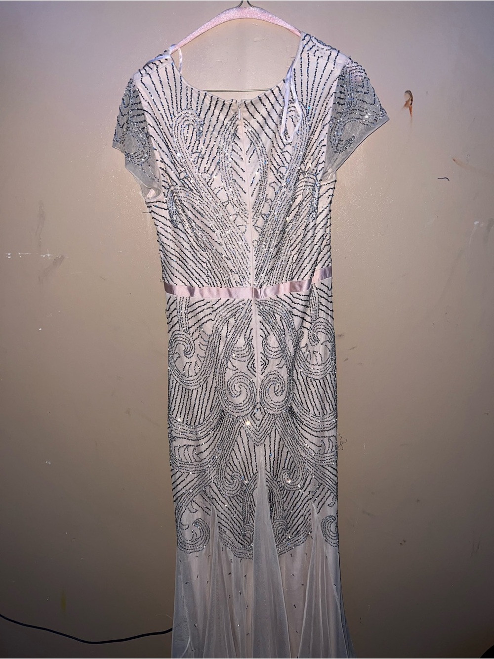 Adrianna Papell Silver Beaded V-Neck Evening Dress